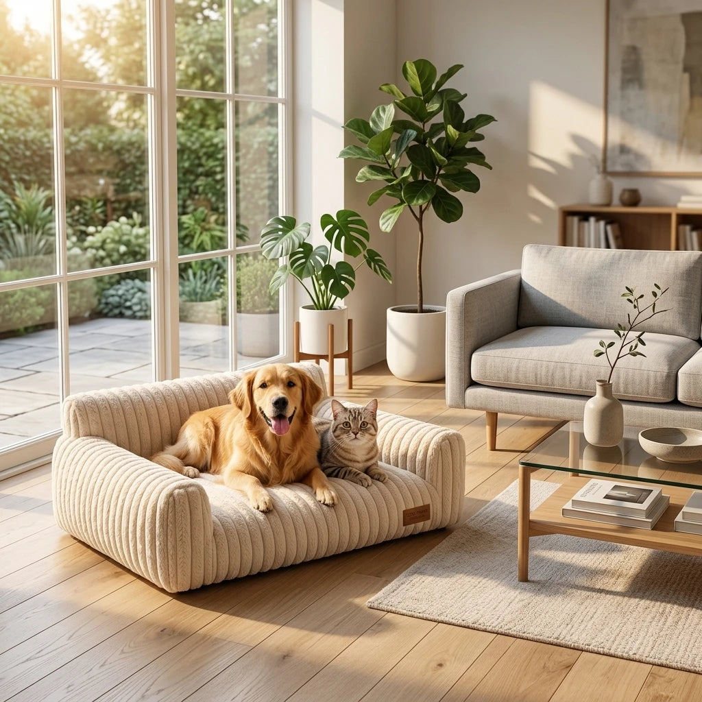 Golden retriever and a tabby cat lying together on a cream ribbed couch bed in a bright living room