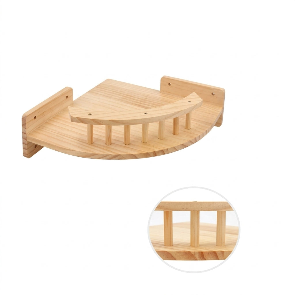 Wooden corner lookout with a curved spindle rail, with a close-up inset of the rail