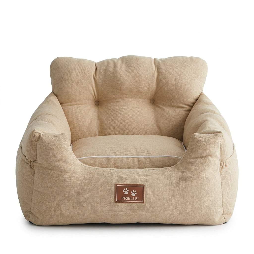 Cotton dog travel bed in sand beige, a square seat with a tufted backrest, low sides and a loose cushion