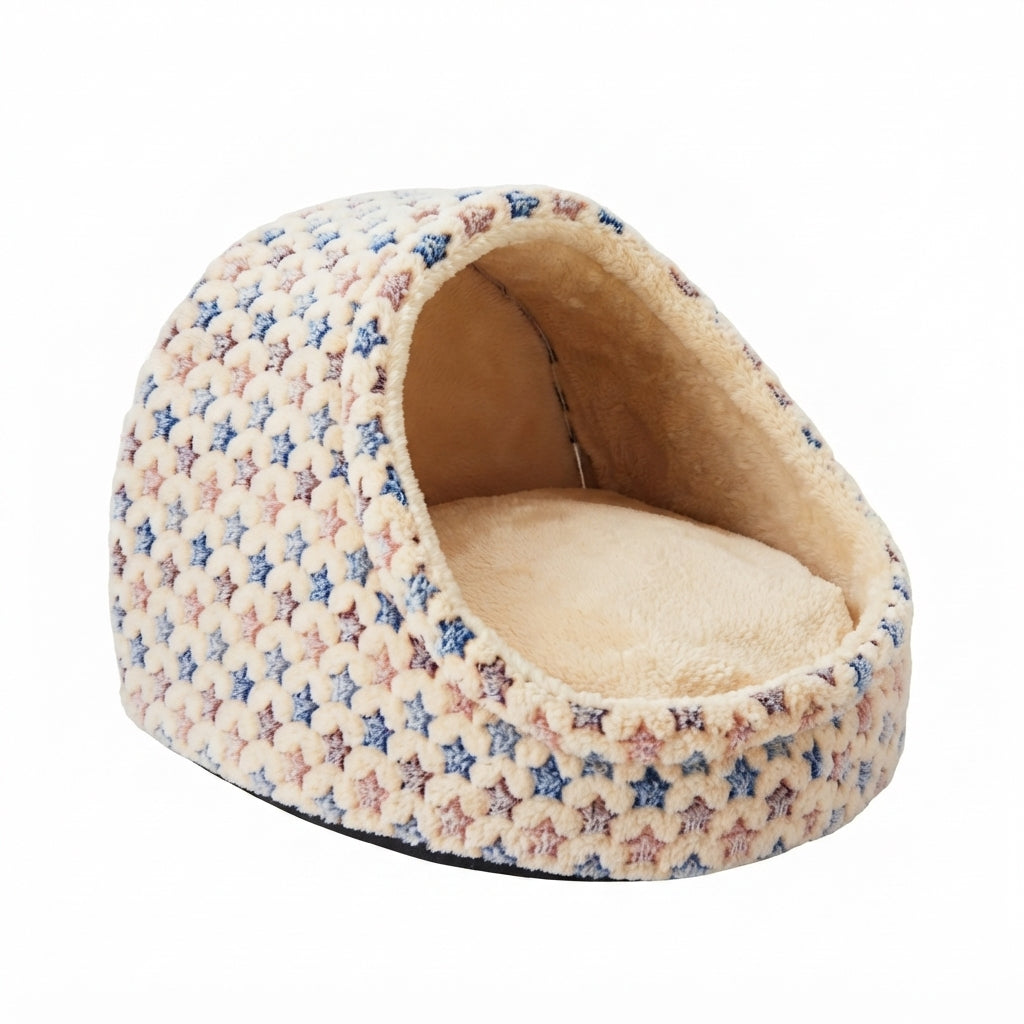 Covered cat bed in beige stars: cream textured plush with small blue and pink stars, no bow, beige lining