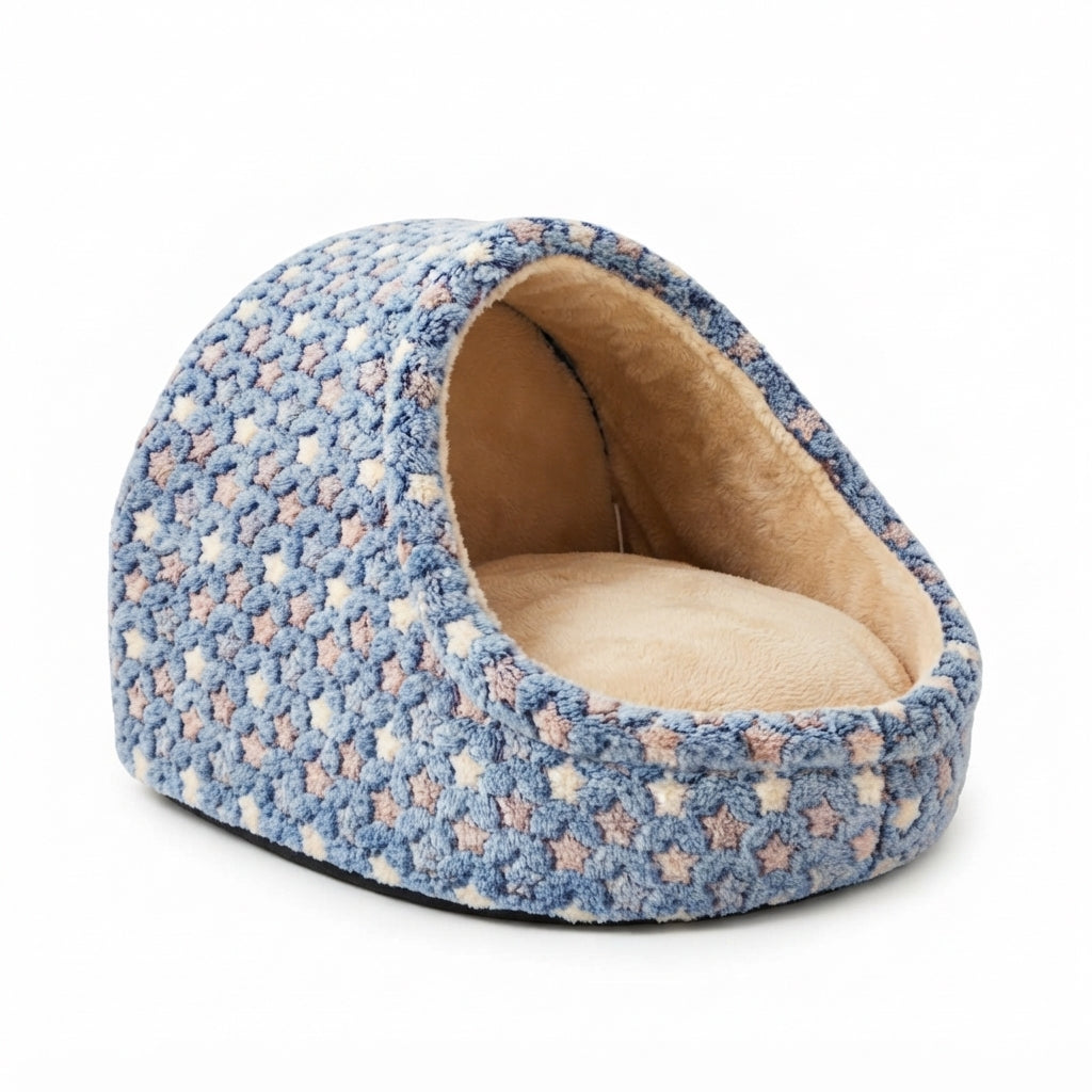 Covered cat bed in blue stars: textured blue plush with small white and pink stars, no bow, beige lining