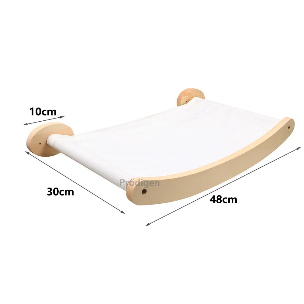 Curved wall hammock with white fabric stretched on a bent wooden frame, 48 cm long, 30 cm wide, 10 cm round mounts