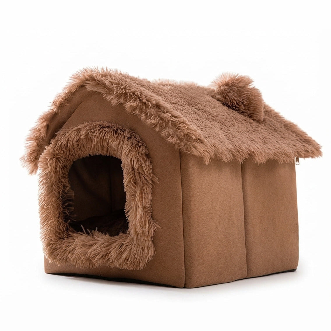Cute dog bed shaped like a little house in brown, with a shaggy long-plush roof, round ears and door trim