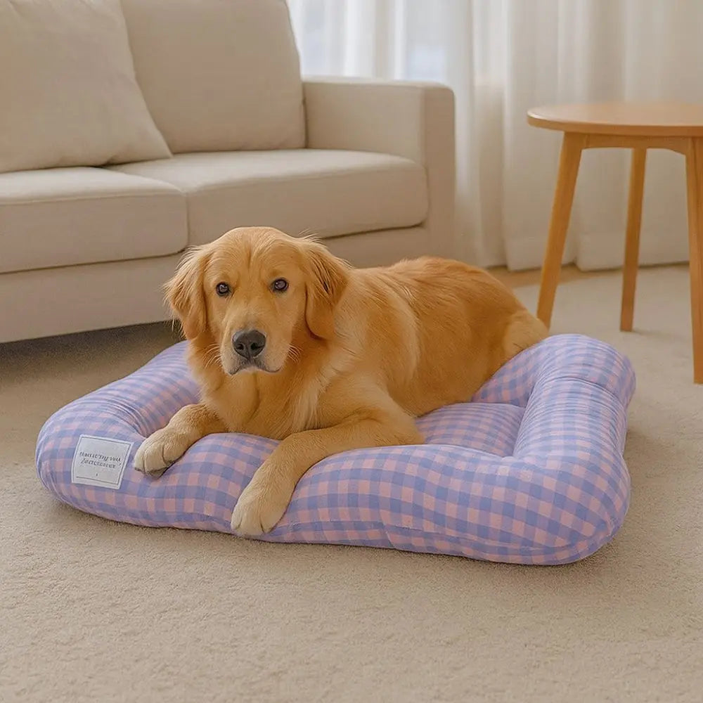 Golden retriever lying on a lilac and pink gingham dog bed cushion on a carpet in front of a beige sofa