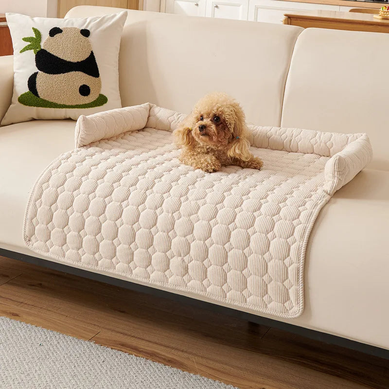 Beige quilted sofa pad with bolsters, draped over a cream sofa seat, a small apricot poodle lying against the back