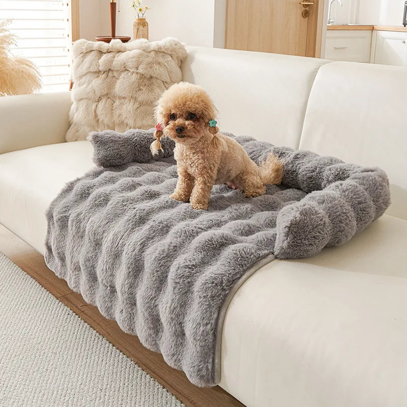 Grey faux fur sofa pad in ribbed long plush with a bolster, a small apricot poodle sitting on top