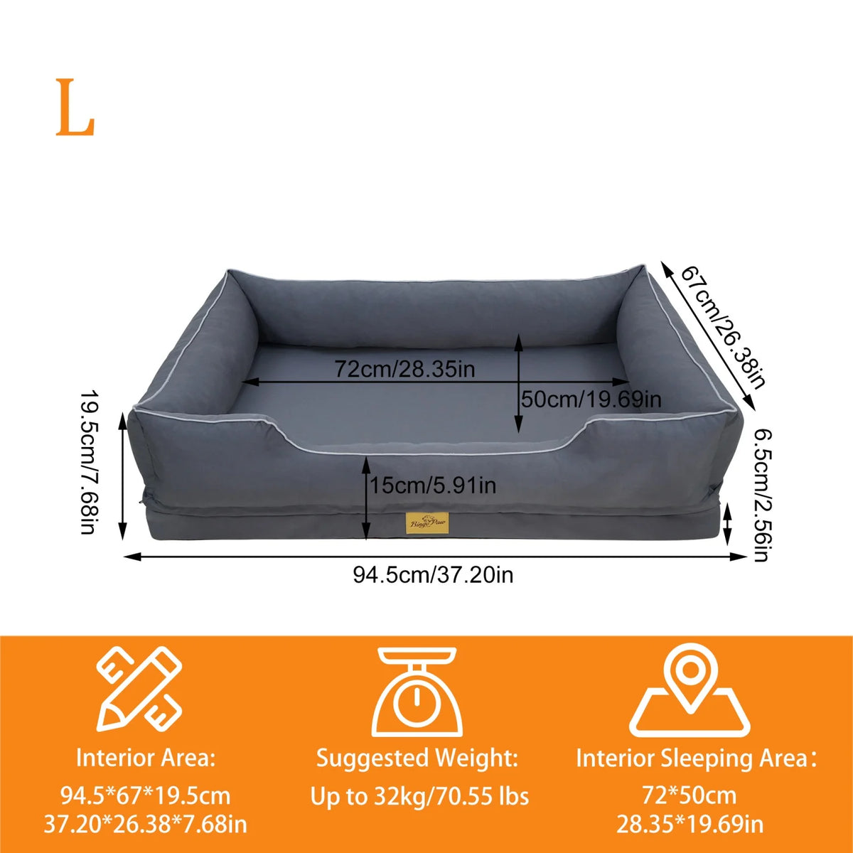 Size L chart: 94.5 x 67 x 19.5 cm, 72 x 50 cm sleeping area, 15 cm front edge, up to 32 kg