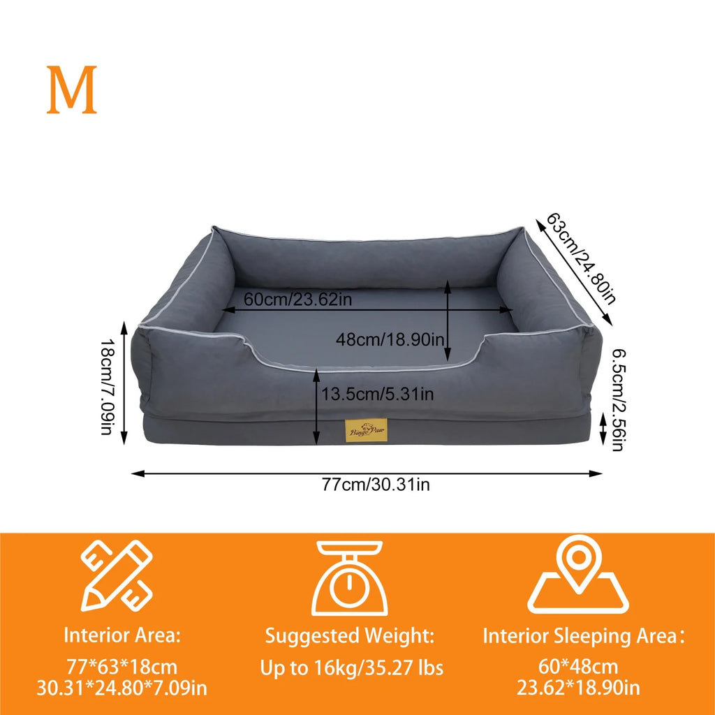 Size M chart: 77 x 63 x 18 cm, 60 x 48 cm sleeping area, 13.5 cm front edge, up to 16 kg