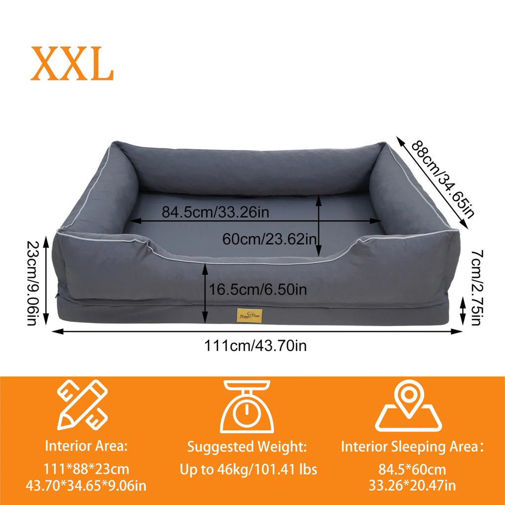 Size XXL chart: 111 x 88 x 23 cm, 84.5 x 60 cm sleeping area, 16.5 cm front edge, up to 46 kg
