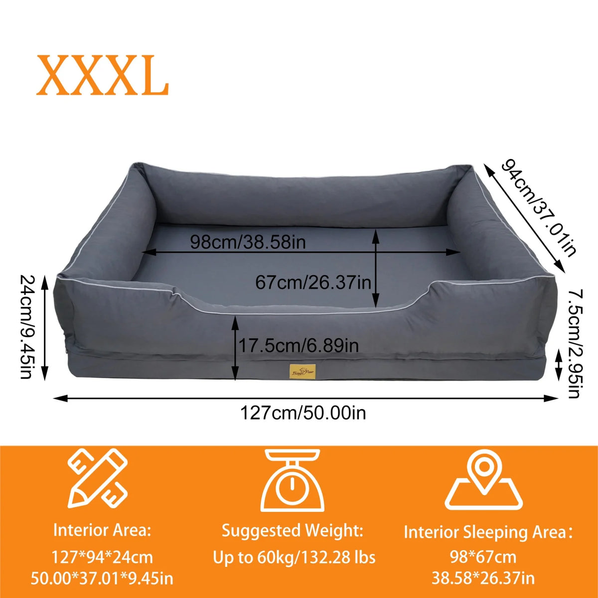 Size XXXL chart: 127 x 94 x 24 cm, 98 x 67 cm sleeping area, 17.5 cm front edge, up to 60 kg