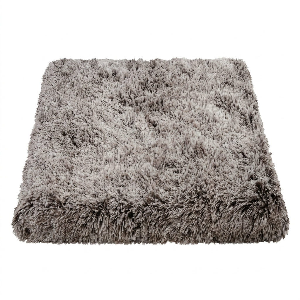 Dog bed mattress with a long plush cover in frosted coffee, dark brown fibres with pale tips