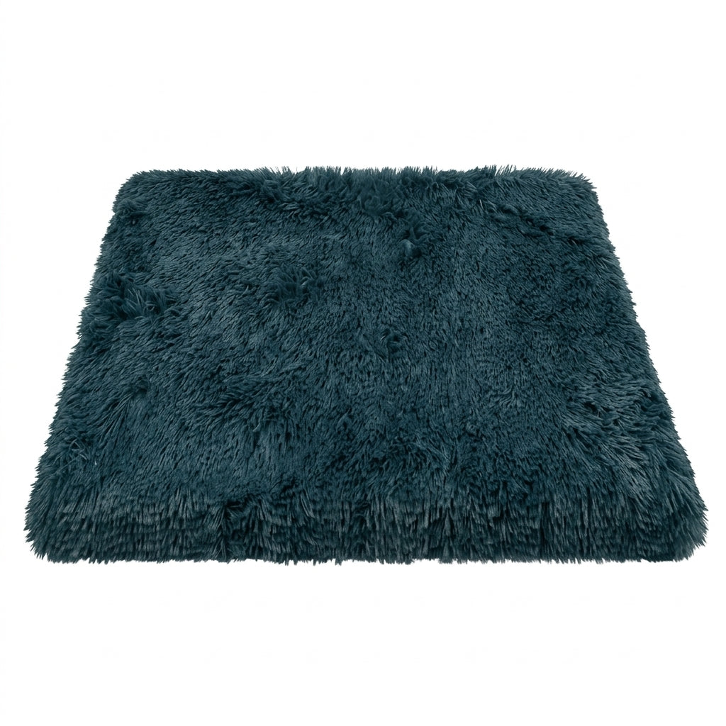 Dog bed mattress in frosted dark teal long plush with paler tips, a thick rectangular pad