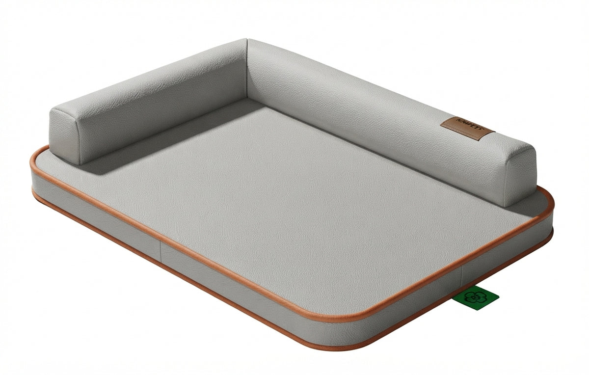 Dog bed with bolster in grey, an L-shaped pillow along the back and one side, with orange-brown piping
