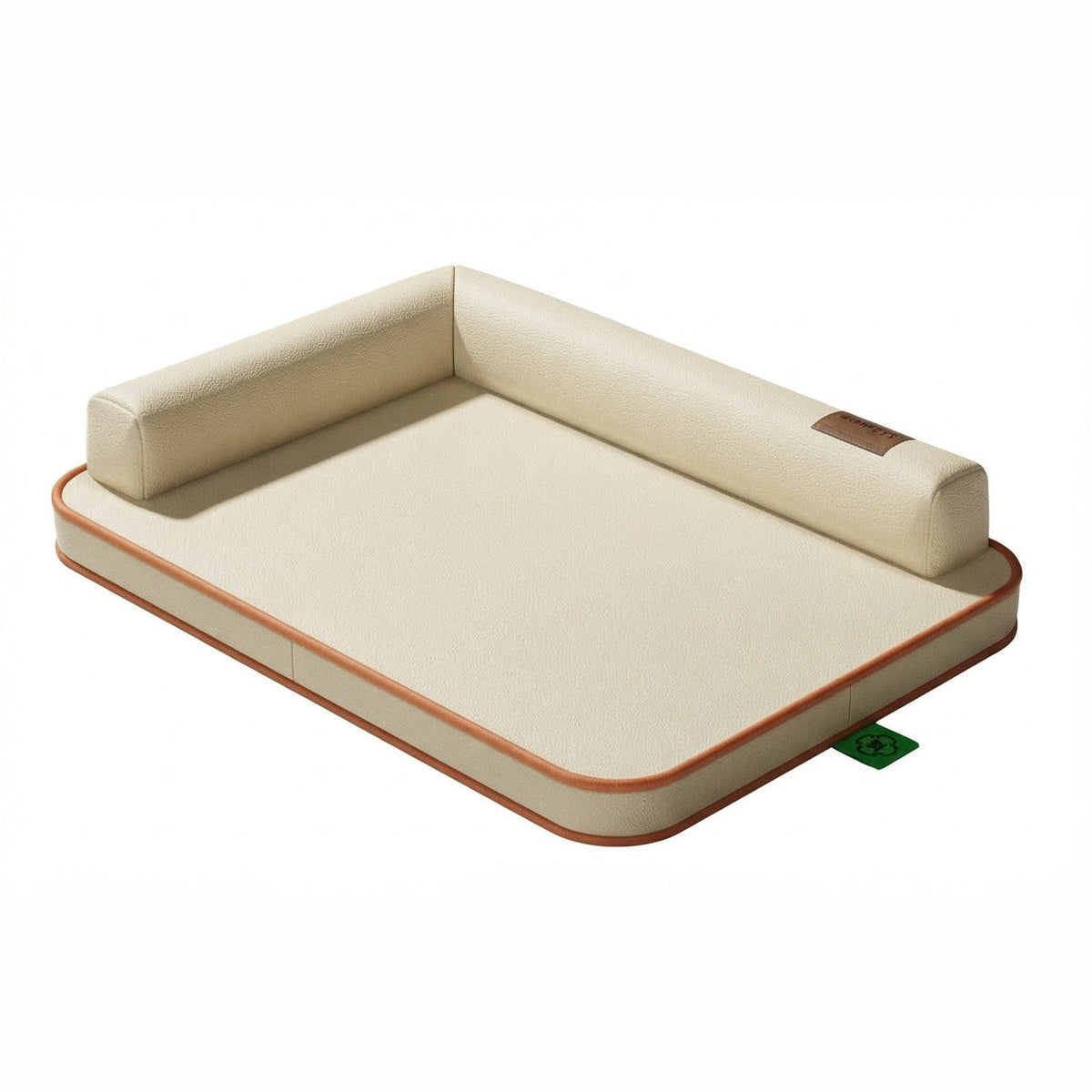 Dog bed with bolster in milky white, a flat cushion with an L-shaped pillow along two sides and tan piping