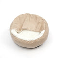 Round beige hooded bed with the built-in blanket pulled over, showing the white plush lining underneath