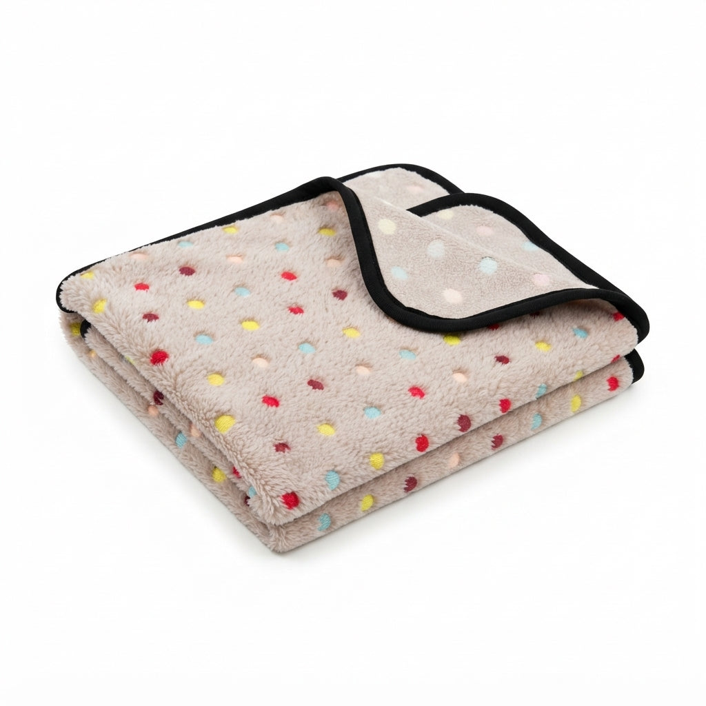 Folded beige coral fleece blanket with small multicoloured dots and a black bound edge