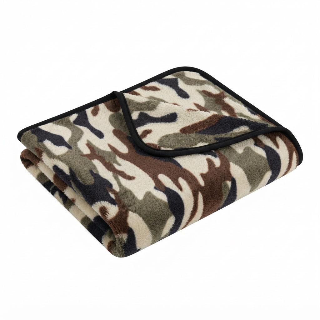 Folded fleece blanket in brown camouflage, with olive, brown, beige and black patches and a black edge