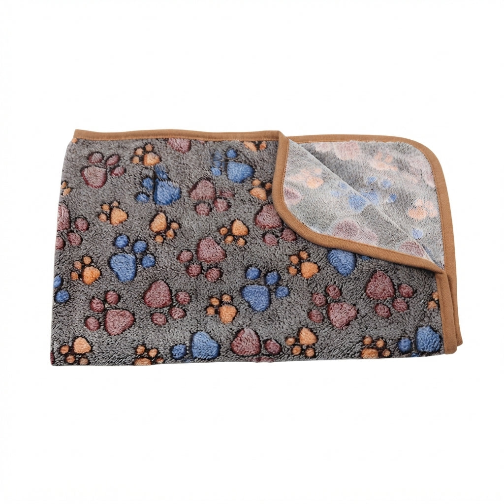 Folded coffee footprint coral fleece blanket, greyish brown with red, blue and orange paw prints