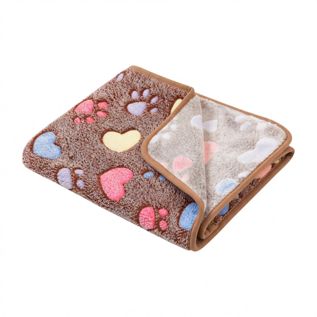 Folded coffee brown fleece blanket with pastel hearts and paw prints in pink, blue, yellow and lilac