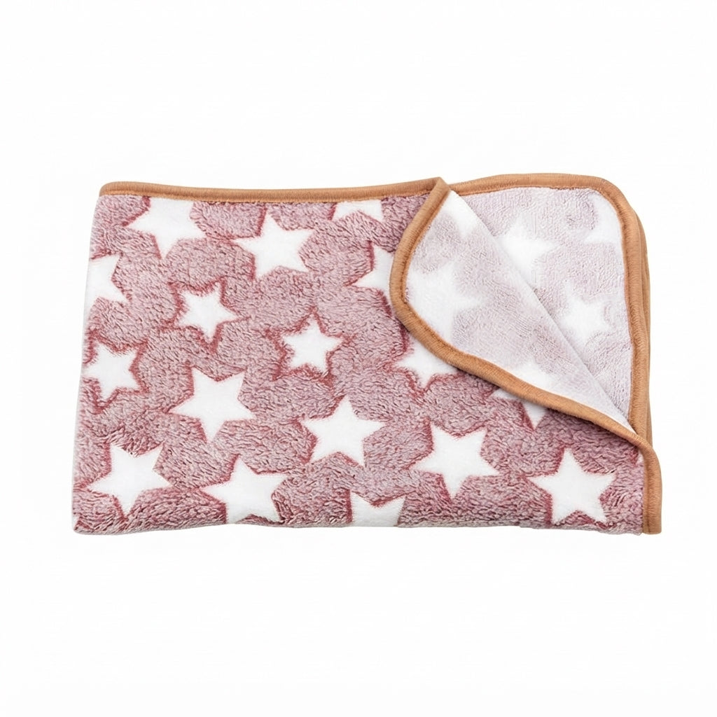 Folded rose red star fleece blanket, a mottled dusty rose with white stars and a tan edge