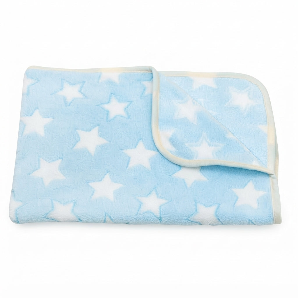 Folded sky blue coral fleece blanket with white stars and a cream bound edge