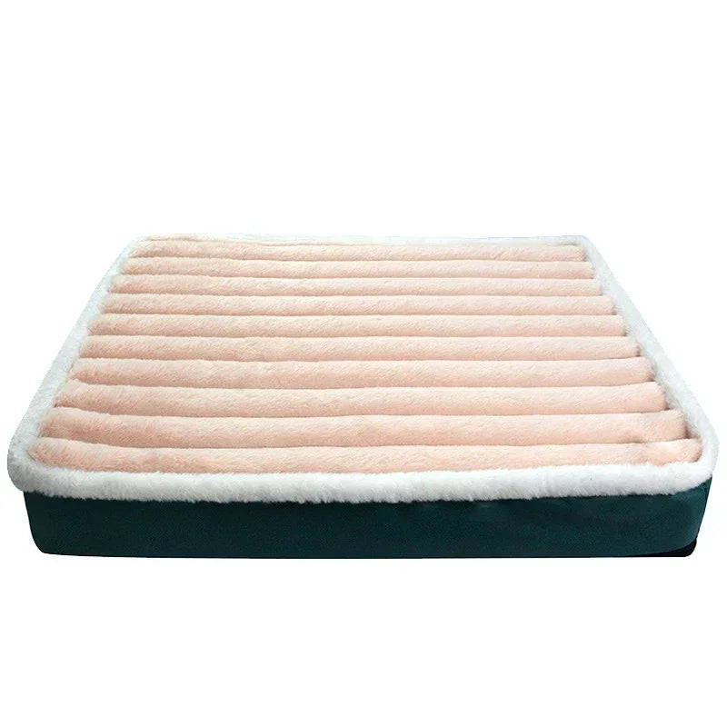 Dog bed for dog crates in pink: a flat pad with ribbed pink plush, a white fleece edge and a dark green base