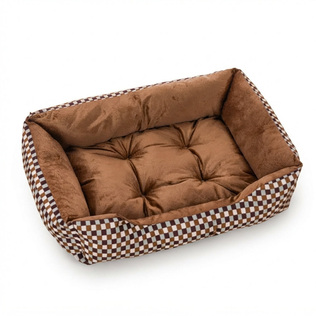 Dog bed for medium dogs in brown check: rectangular, with a checked outer wall and a tufted brown velvet cushion