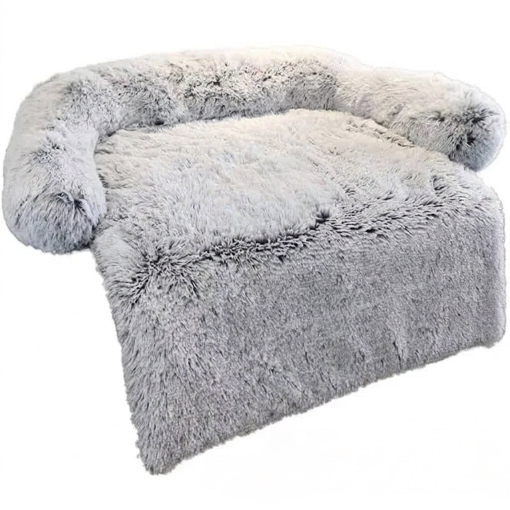 Dog couch bed in frosted grey shaggy plush, pale grey with darker roots, draped like a sofa cover