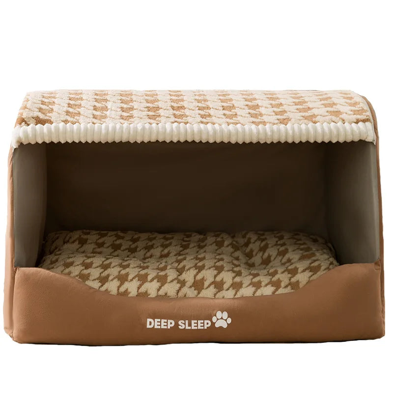 Dog den bed in chocolate, open at the front, with a houndstooth flannel roof and cushion and 'Deep Sleep' on the base