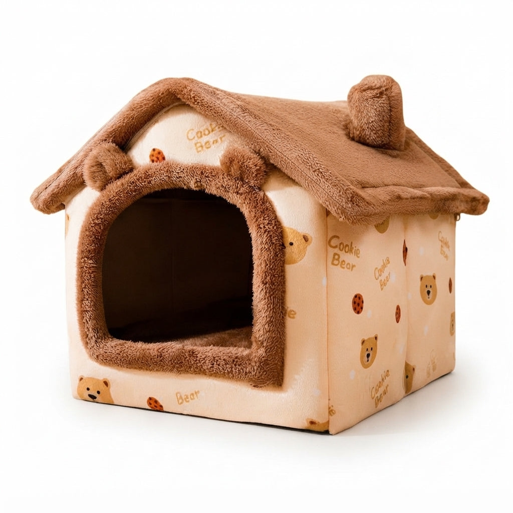House-shaped dog bed in bear print: cream walls with little bears and cookies, a brown plush roof with round ears
