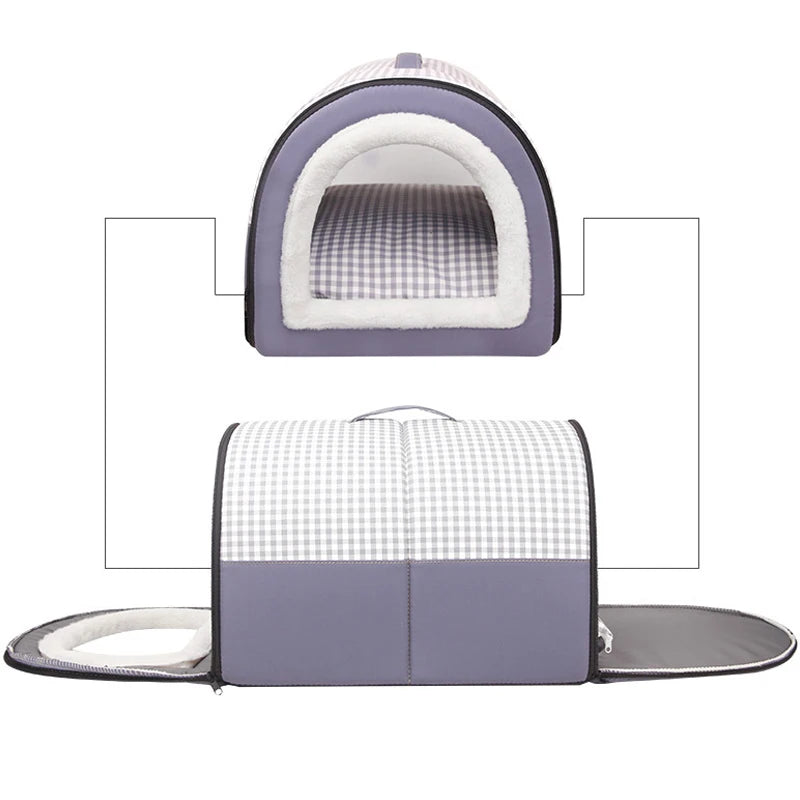 Dark blue gingham dog house bed seen from the front and from the side, with both end panels unzipped and laid flat