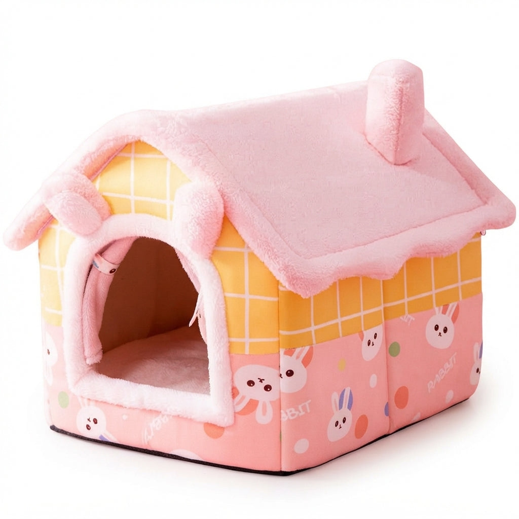 House-shaped dog bed in the Pink Bunny design: pink plush roof and door trim, yellow check and rabbit print walls