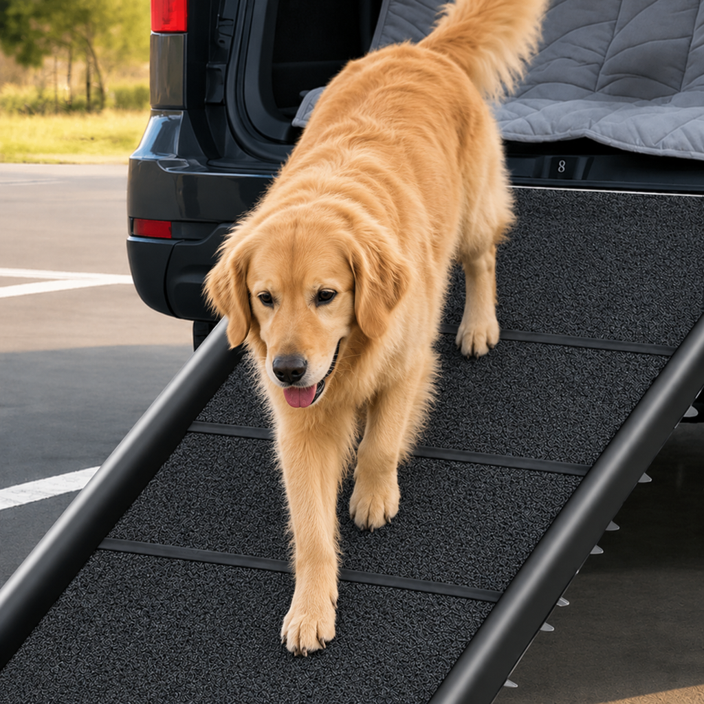 Golden retriever walking down a black folding dog ramp from the open boot of a car in a car park