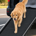 Golden retriever walking down a black folding dog ramp from the open boot of a car in a car park