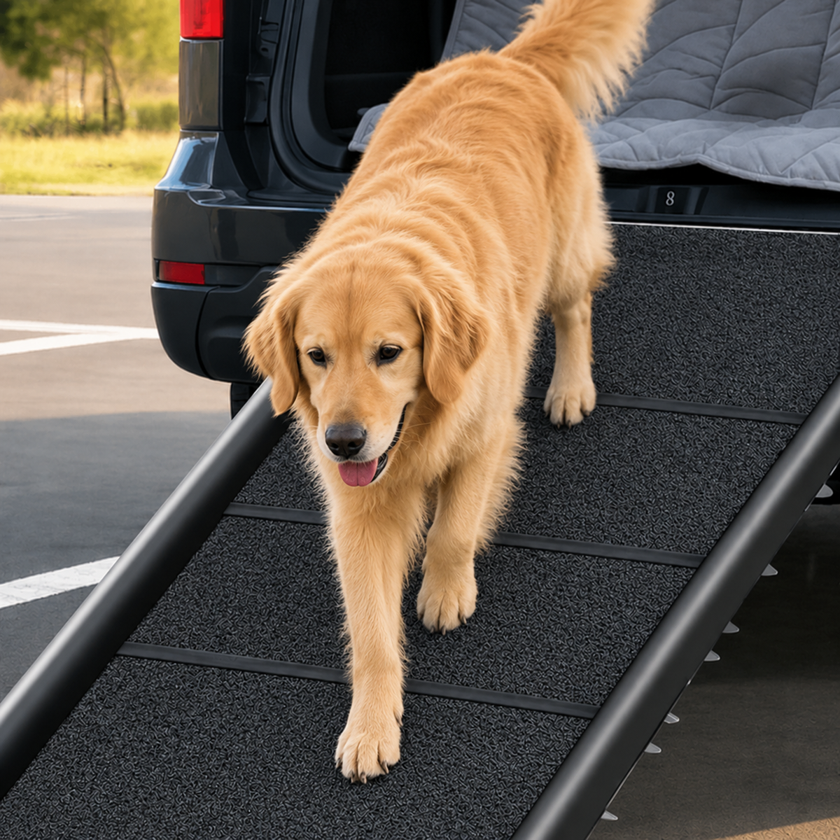 Golden retriever walking down a black folding dog ramp from the open boot of a car in a car park