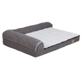 Dog sofa bed in grey suede-look fabric with an L-shaped bolster and a white faux-fur cushion cover