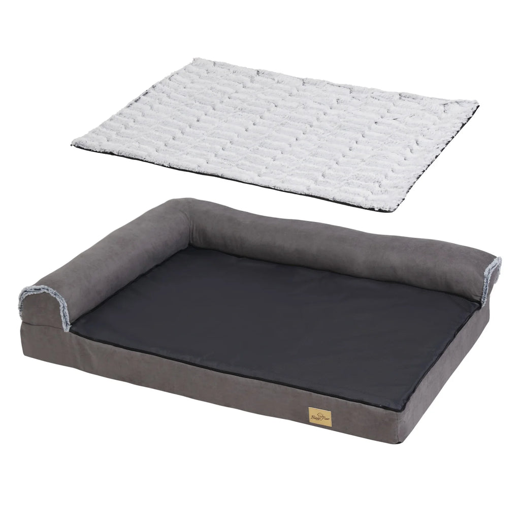 Grey dog sofa bed with the white plush pad lifted off to show the black Oxford fabric base underneath