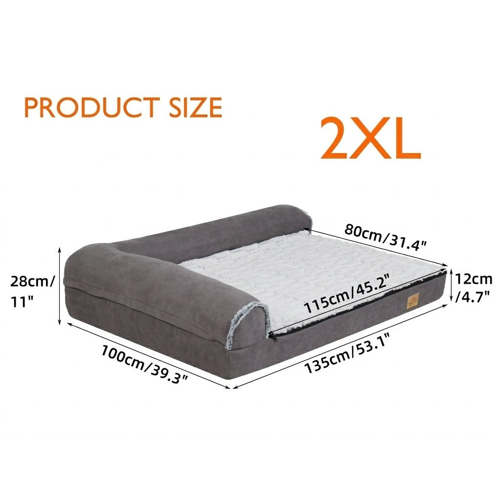 Size 2XL chart: 135 x 100 x 28 cm, 115 x 80 cm sleeping area, 12 cm cushion