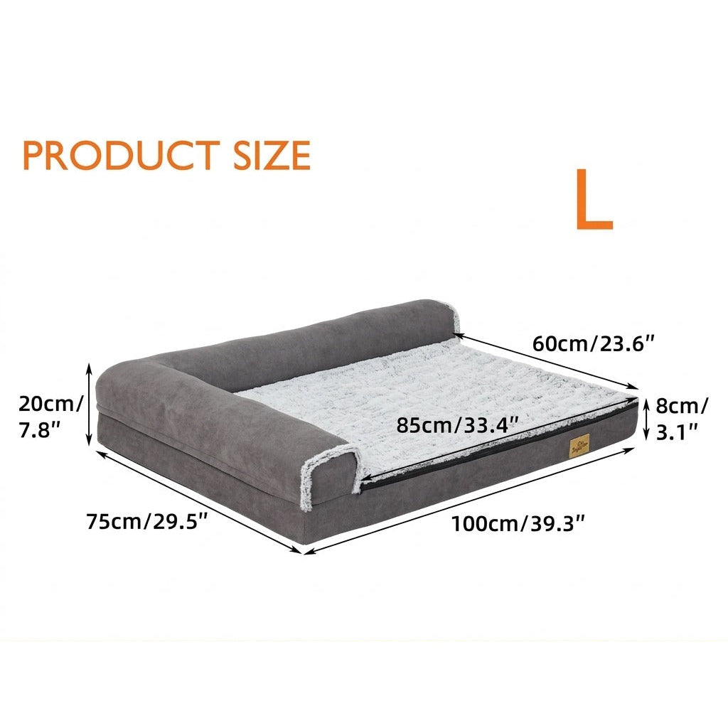 Size L chart: 100 x 75 x 20 cm, 85 x 60 cm sleeping area, 8 cm cushion