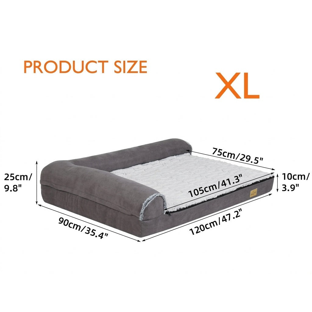 Size XL chart: 120 x 90 x 25 cm, 105 x 75 cm sleeping area, 10 cm cushion