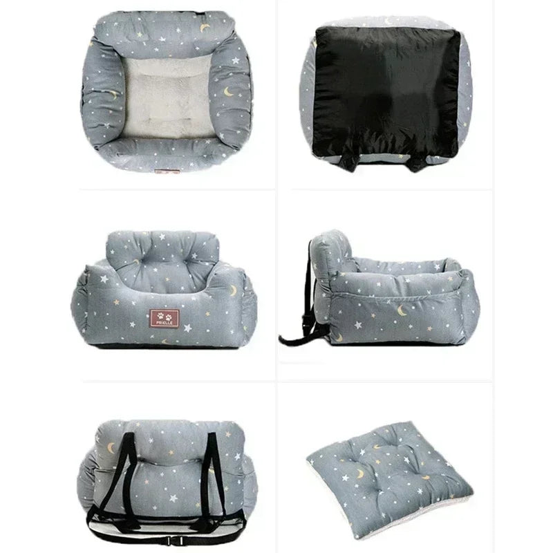 Six views of the grey star print travel bed: top, black back panel, front, side strap, rear straps and loose cushion