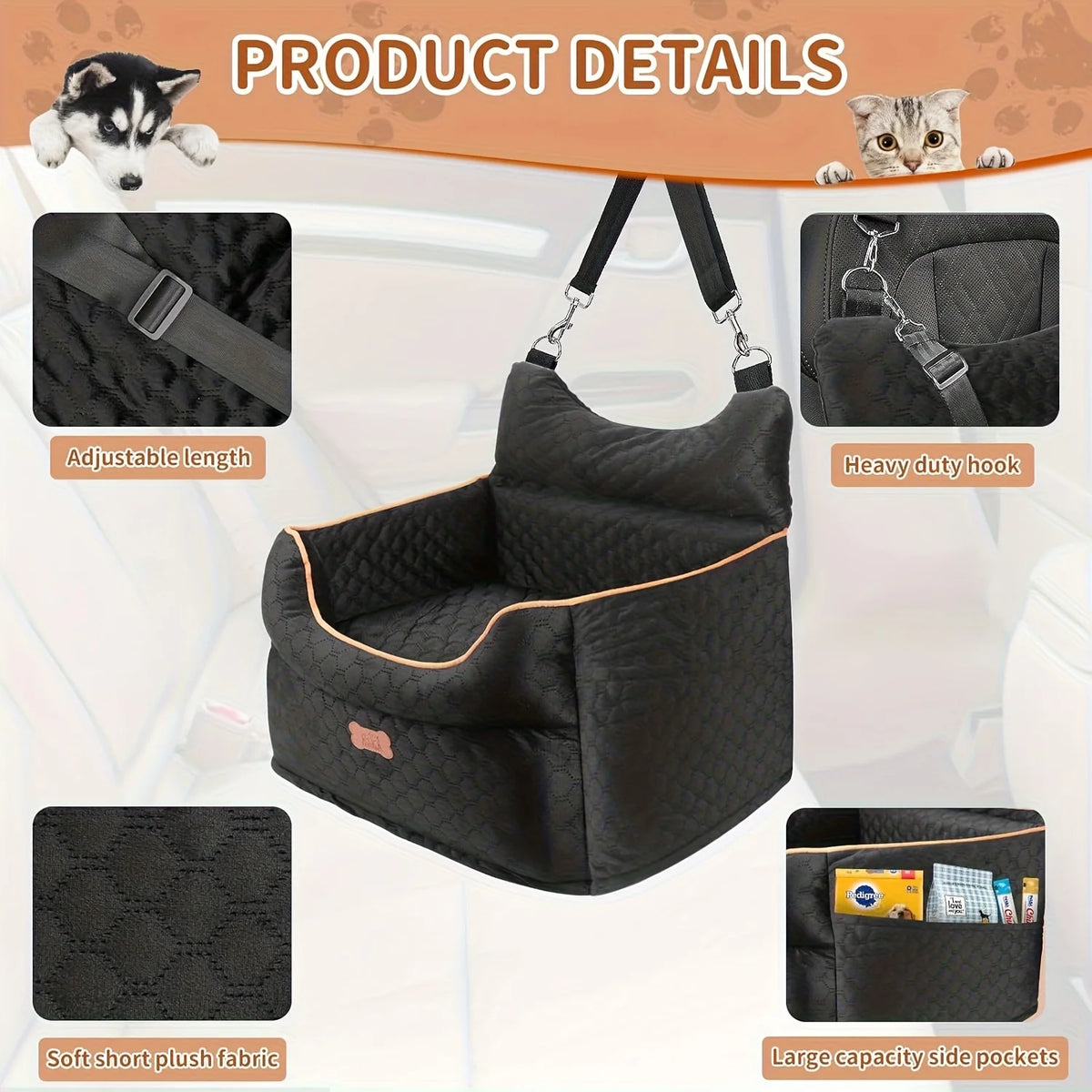 Black car bed with close-ups of the adjustable strap, metal hooks, quilted short plush fabric and side pockets