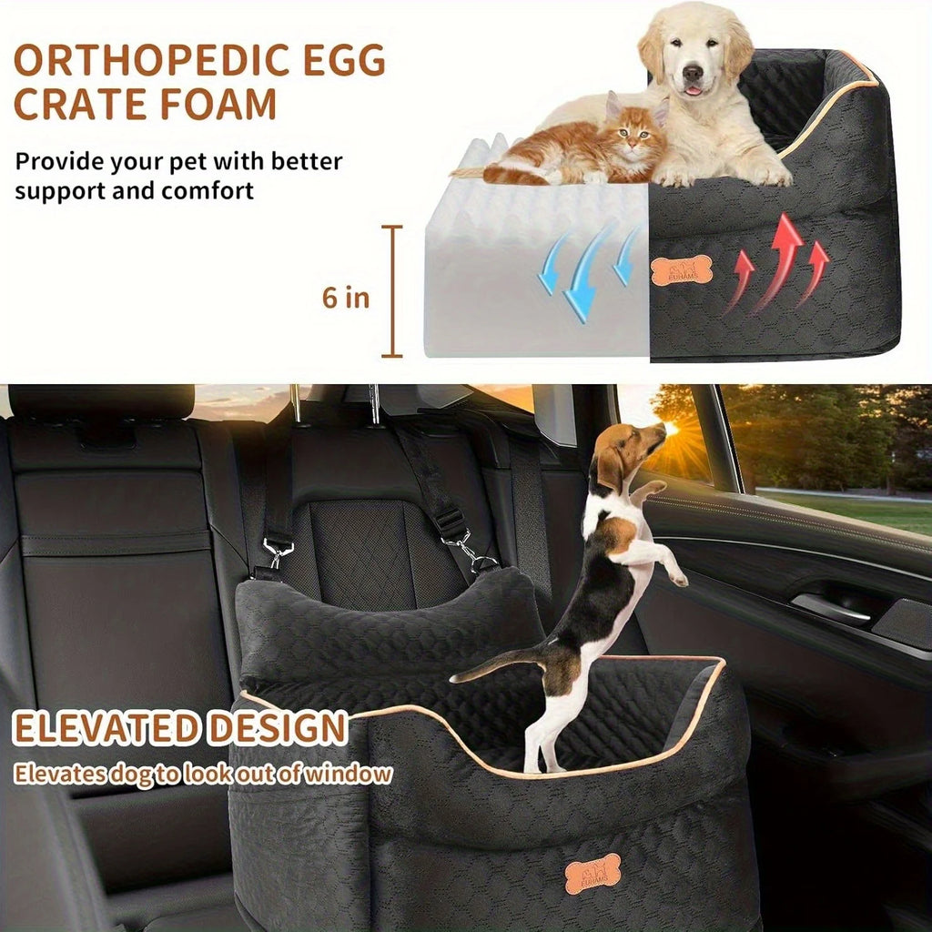 Cutaway of the 6 in egg-crate foam base under a puppy and kitten, and a beagle standing up in the black car bed
