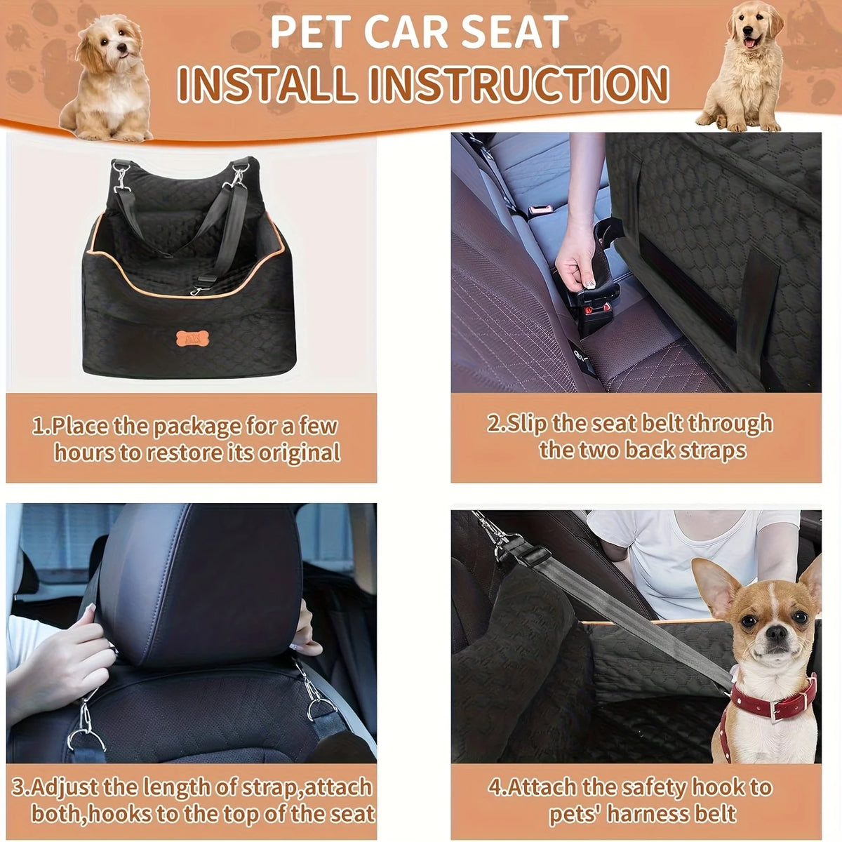 Four installation steps for the black car bed: seat belt through the back straps, hooks on the headrest, clip to the harness