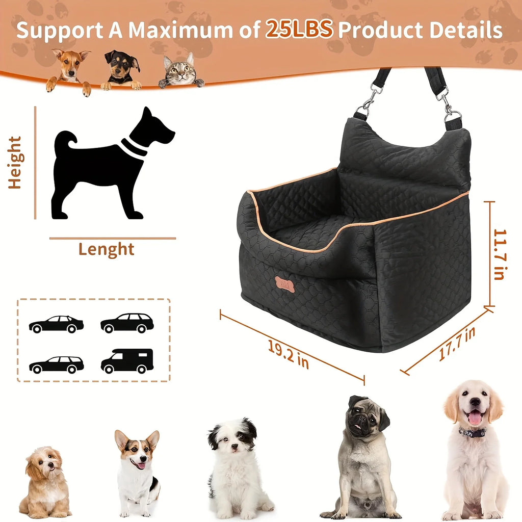 Size chart for the black car bed: 19.2 x 17.7 in and 11.7 in high, for pets up to 25 lb, shown with five small dogs