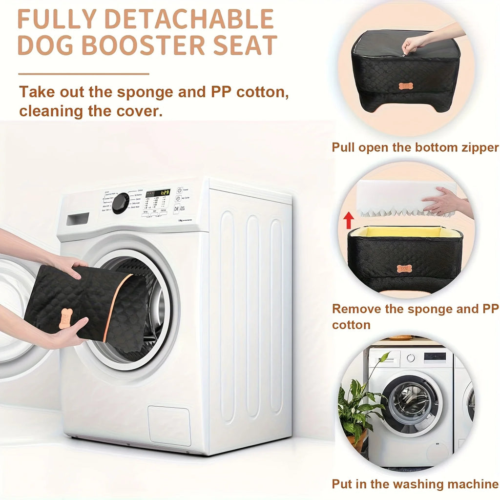 Black car bed cover going into a washing machine, with steps to unzip the base and remove the foam and filling