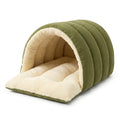 Enclosed dog bed in Bishan Green corduroy with padded ribbed panels and a cream fleece lining, front flap folded down