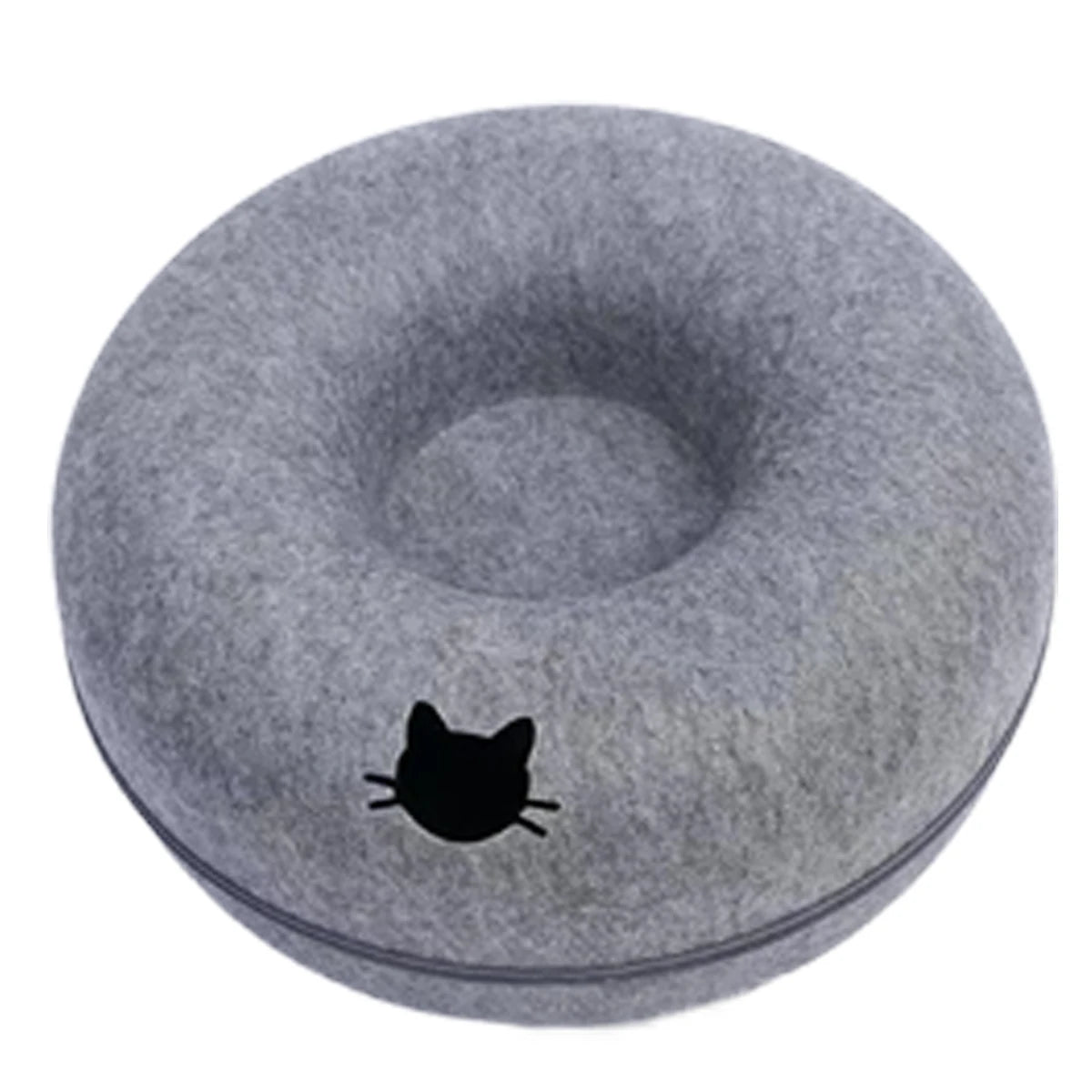 Felt donut cat bed in grey felt with a black cat head motif on the side, zip closed
