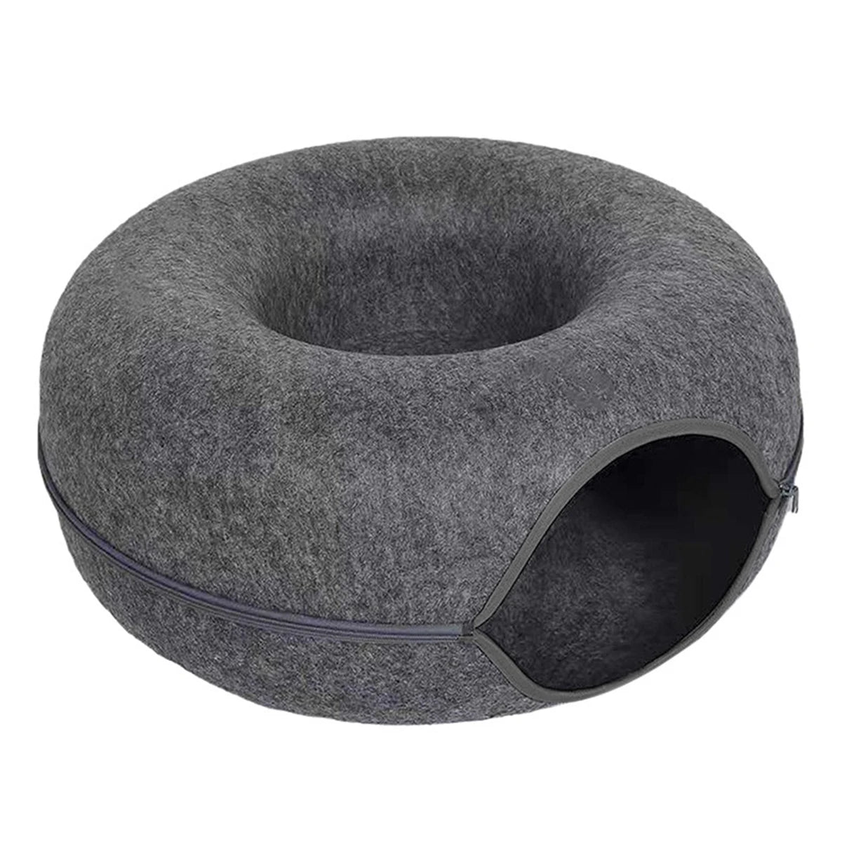 Felt donut cat bed in dark grey with a zipped tunnel opening in the side and a hollow on top