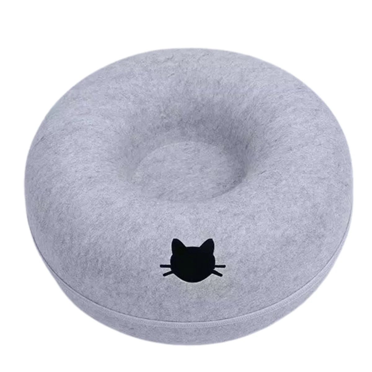 Felt donut cat bed in light grey with a black cat head motif on the side and a hollow on top